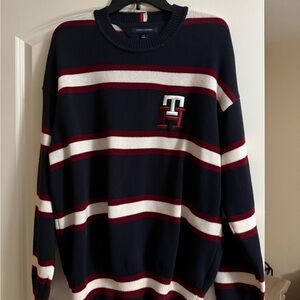 Tommy Hilfiger Blue and Red Crewneck Sweater with Stripes